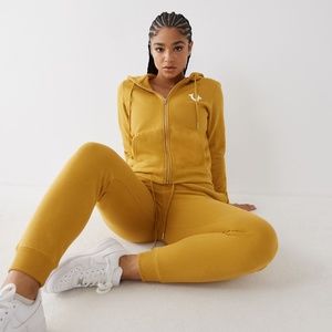 Two (2)True Religion Logo ZIP Hoodie, Colors are Antique gold & Blooming Dahlia